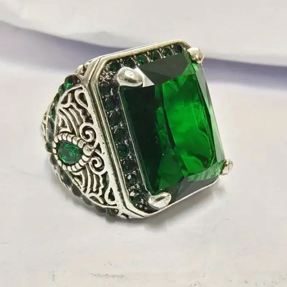 NEW Emerald Ottoman Turkish Retro Large Silver 925 Ring - Picture 5 of 6